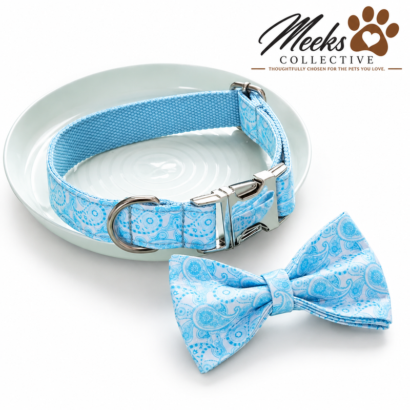 Meeks Blue Belle Paisley Dog Collar & Bow Tie